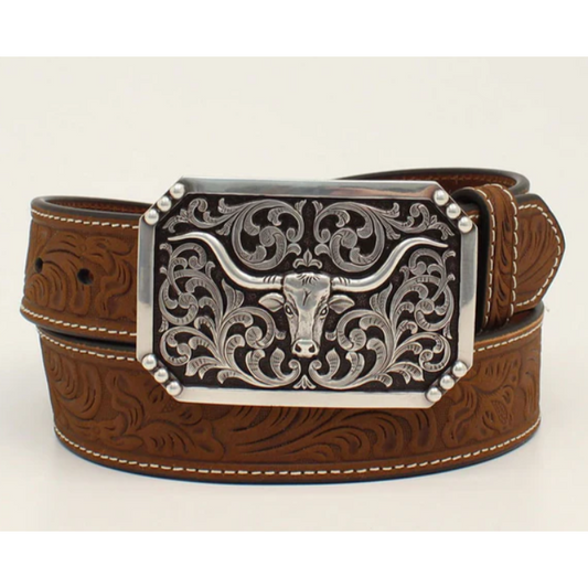 3D 1 1/2" Floral Embossed Belt with Longhorn Buckle- Brown - Irvine Tack & Western Wear