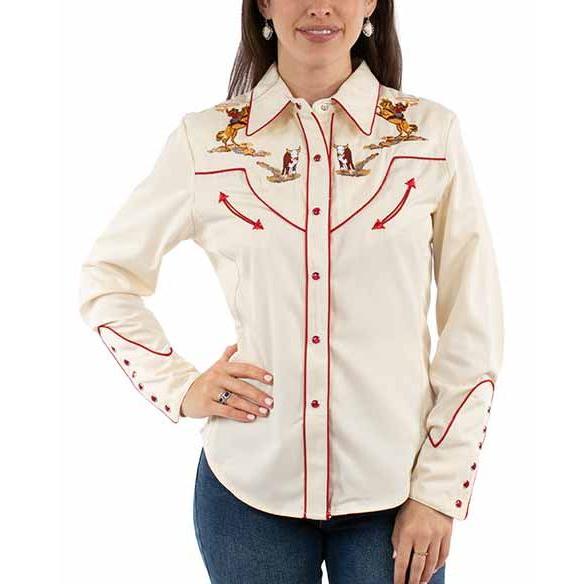 Scully Women's Long Sleeve Western Cattle Roper Shirt-Cream