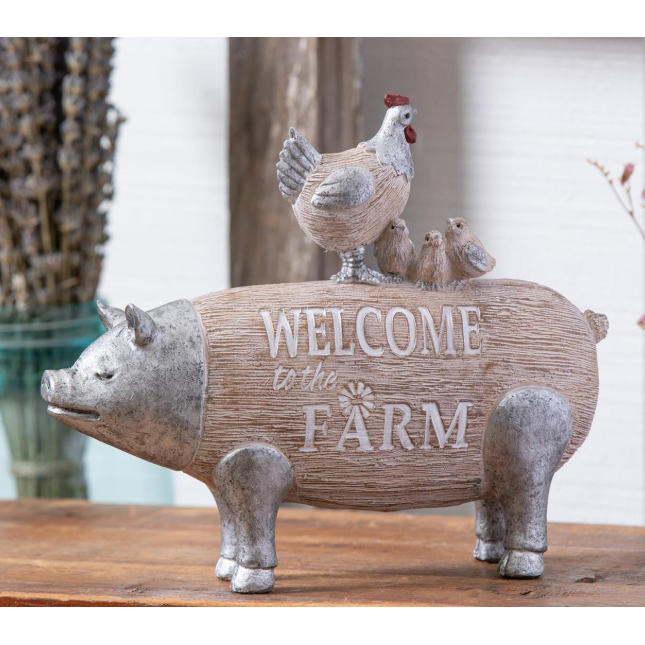 Evergreen Petal &amp; Plow Resin Chicken Standing on Pig Table Decor- 9"