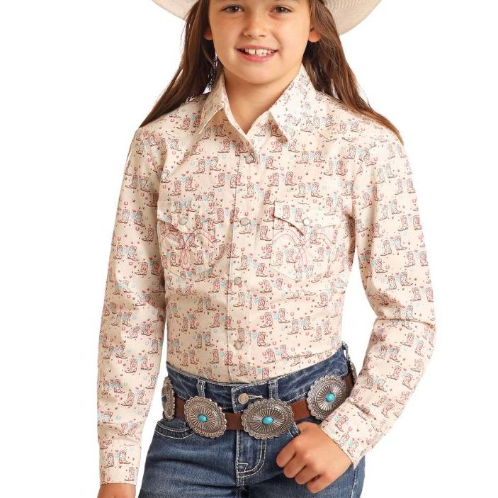 Panhandle Girl's Long Sleeve Print Snap Shirt-Natural