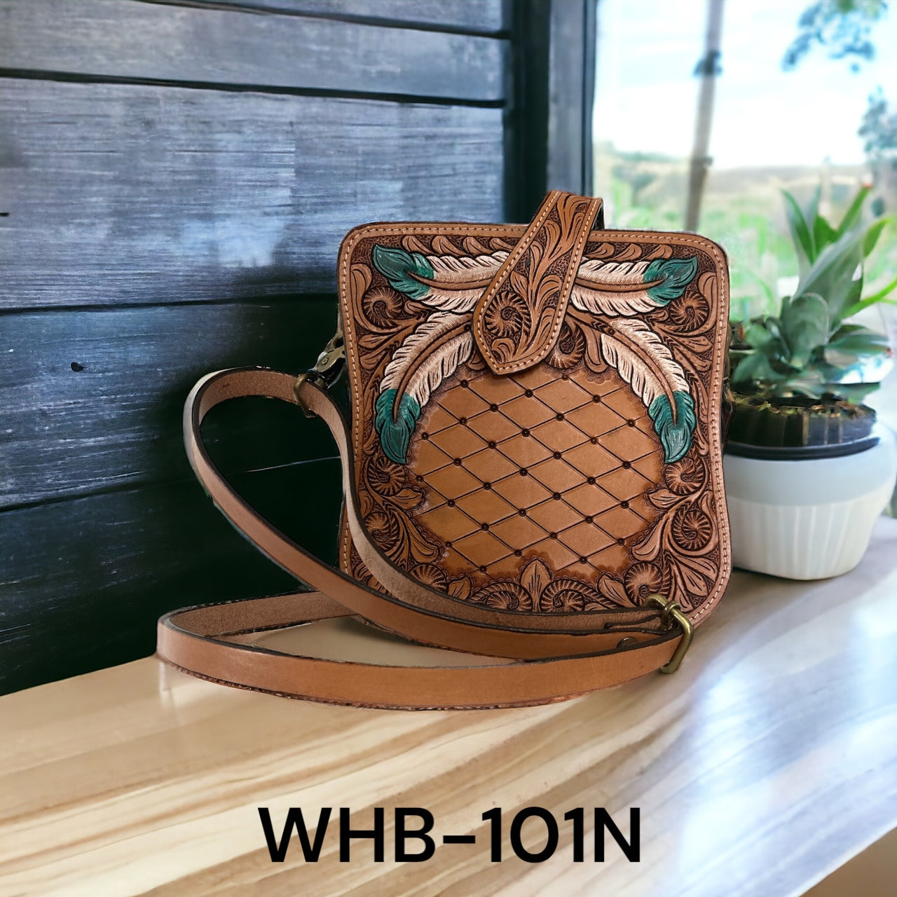 SVK Handbag Hand Carved Floral with Painted Feathers-Natural