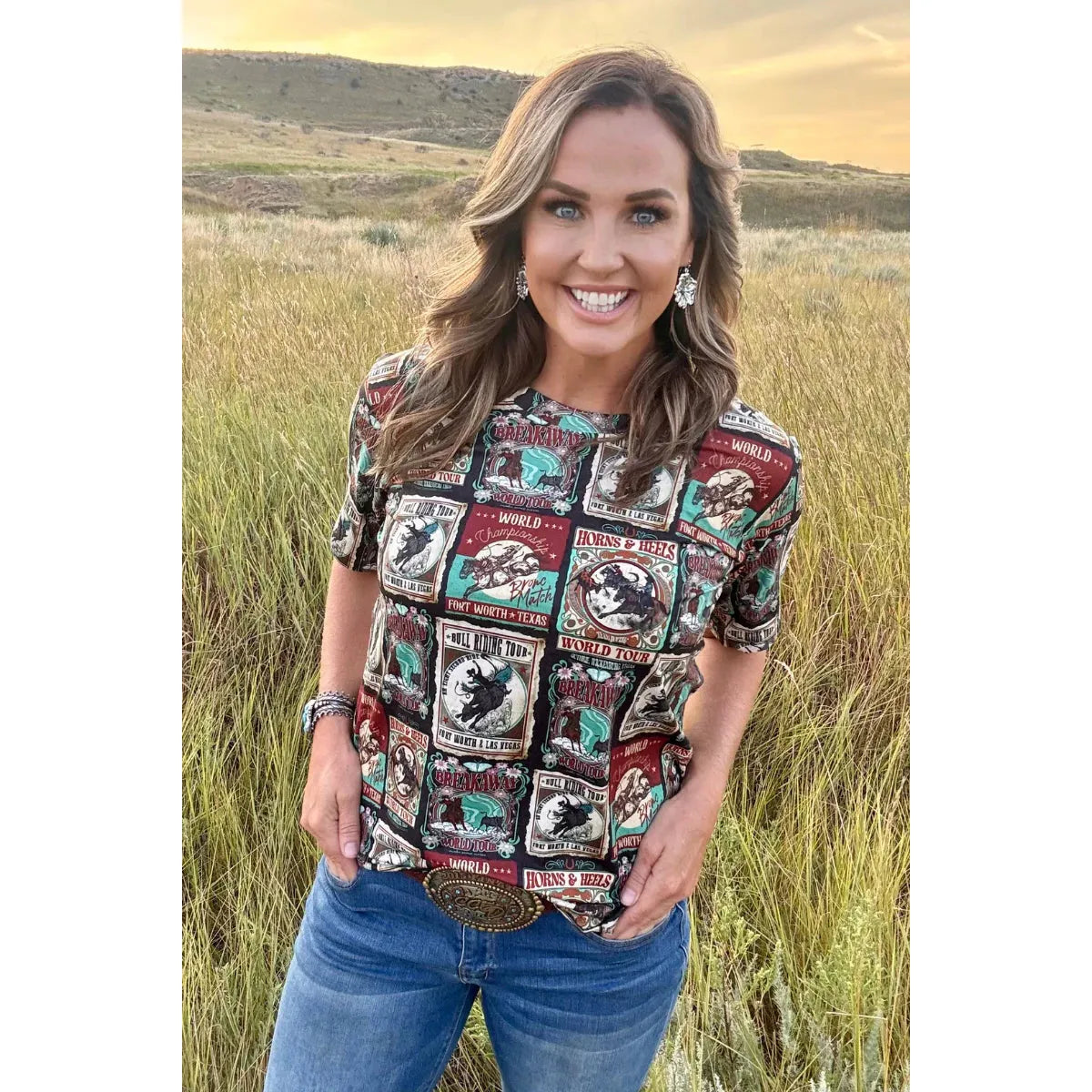 Sterling Kreek Women's Short Sleeve Vintage Rodeo Tee Shirt- Multi