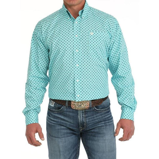 Cinch Men's Long Sleeve Geometric Print Button Down Western Shirt- Turquoise