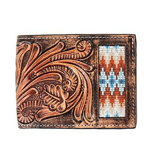 3D  Men's Hand Tooled Scroll Embroidered Inlay Bifold Wallet- Brown