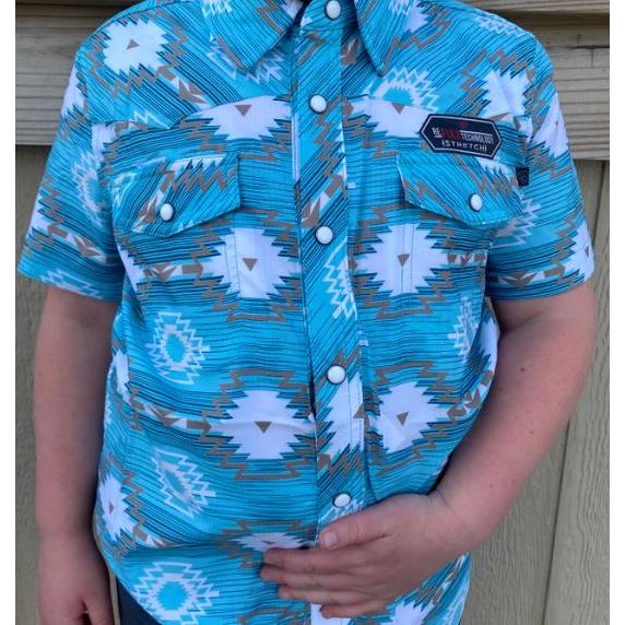 Rock & Roll Boy's Short Sleeve Aztec Print Tek Snap Shirt- Turquoise