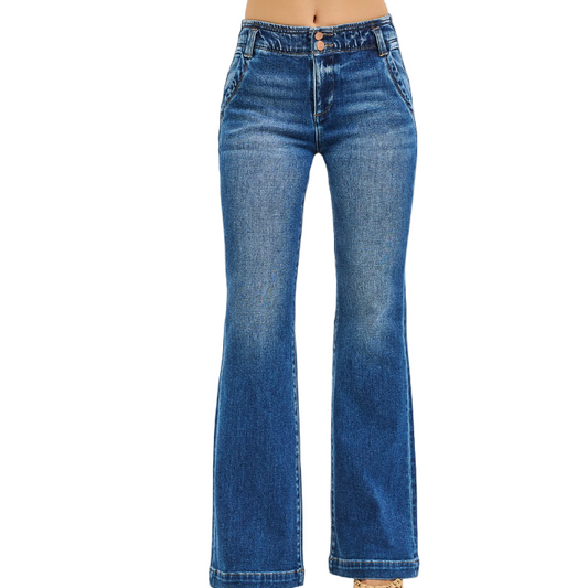 Risen Women's High Rise Double Button Flare Trouser Jeans - Dark