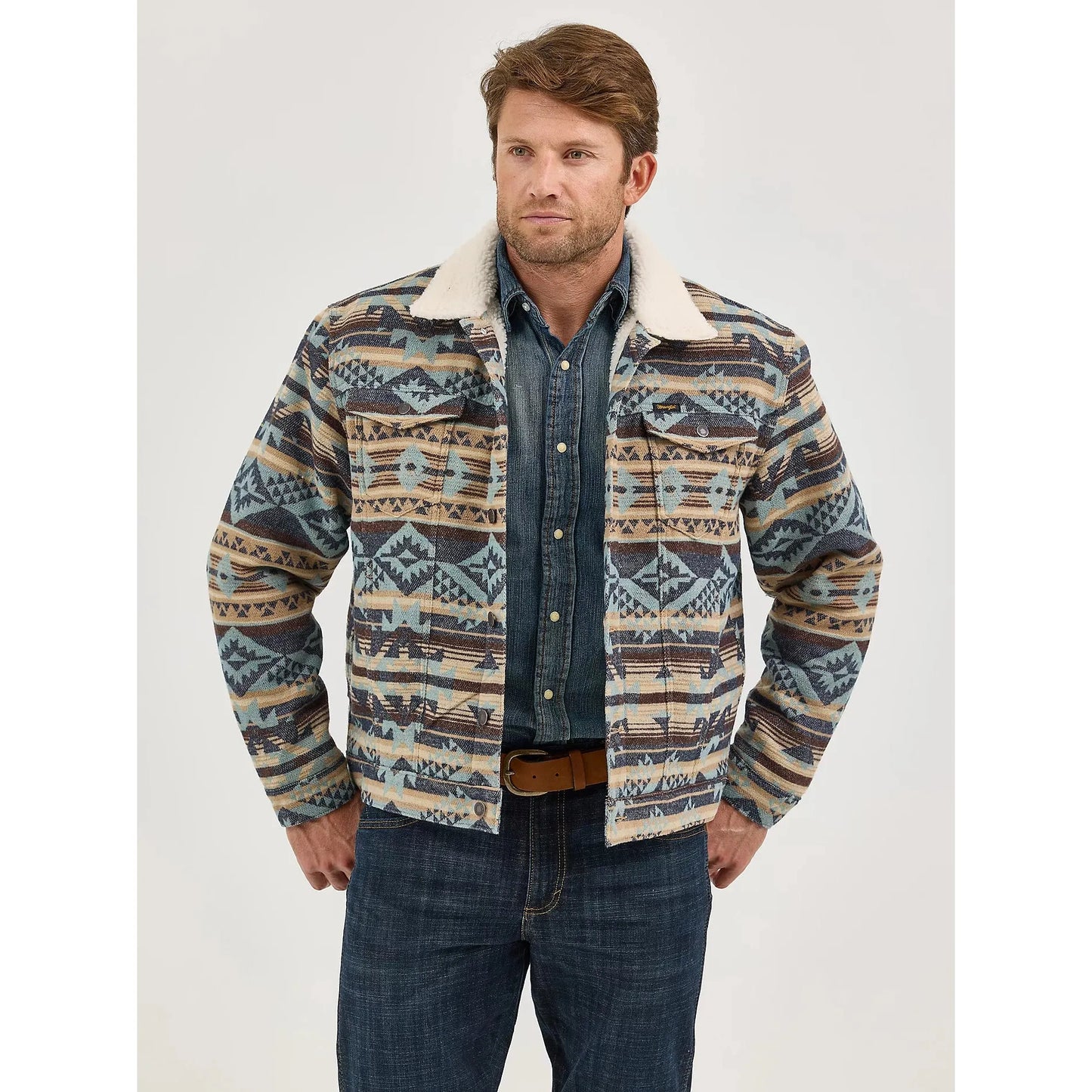 Wrangler Men's Sherpa Lined Long Sleeve Jacquard Print Jacket- Dark Sapphire