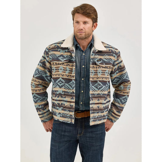 Wrangler Men's Sherpa Lined Long Sleeve Jacquard Print Jacket- Dark Sapphire