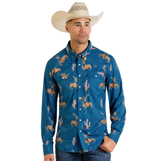 Rock & Roll Men's Long Sleeve Bronco Print Tek Western Snap Shirt- Teal
