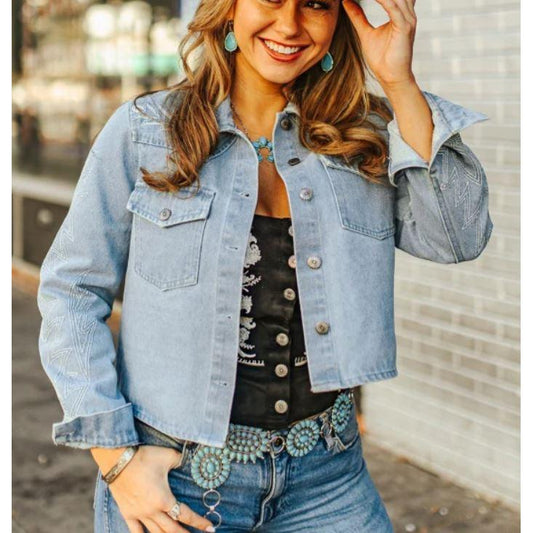 Lucky & Blessed Women's Boot Stitch Embroidery Concho Button Down Jacket- Denim