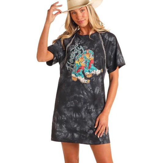 Panhandle Women's  Short Sleeve Graphic Tee Shirt Dress with Chain Fringe- Black