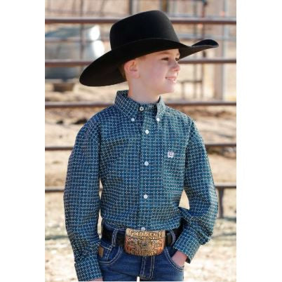 Cinch Boy Long Sleeve Button Down Print Shirt- Teal