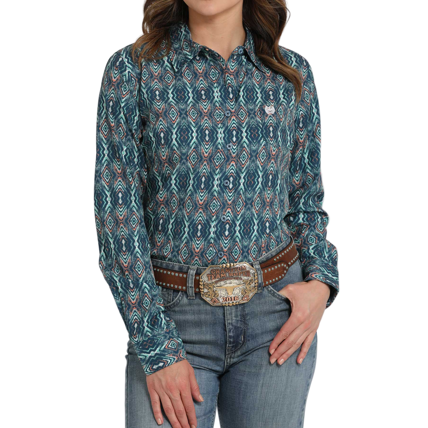 Cinch Women's Long Sleeve Geometric Print Arenaflex Shirt- Navy
