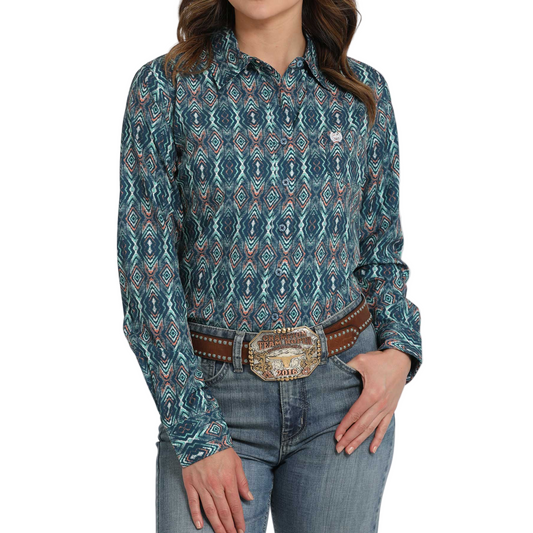 Cinch Women's Long Sleeve Geometric Print Arenaflex Shirt- Navy