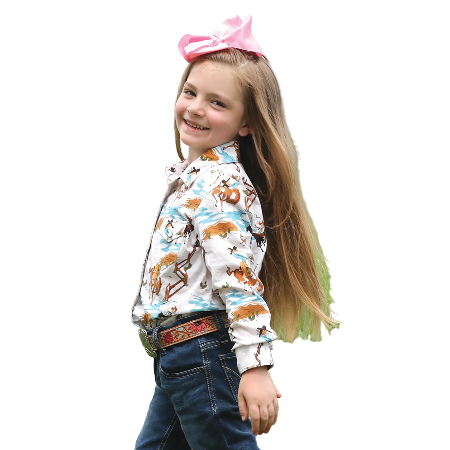 Cinch Girls Cowgirl Print Long Sleeve Shirt - Cream