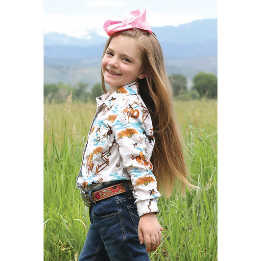 Cinch Girls Cowgirl Print Long Sleeve Shirt- Cream
