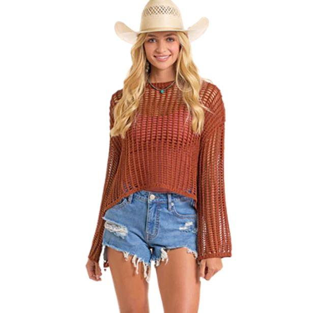 Rock & Roll Women's Open Knit Sweater- Rust