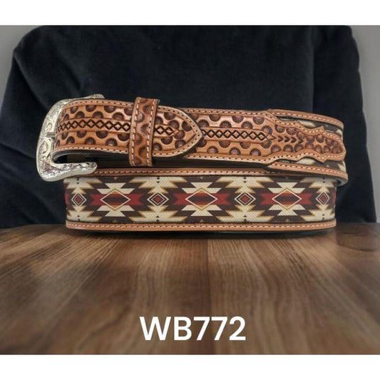 Ranger Belt Aztec Design with Embossed Leather- Brown