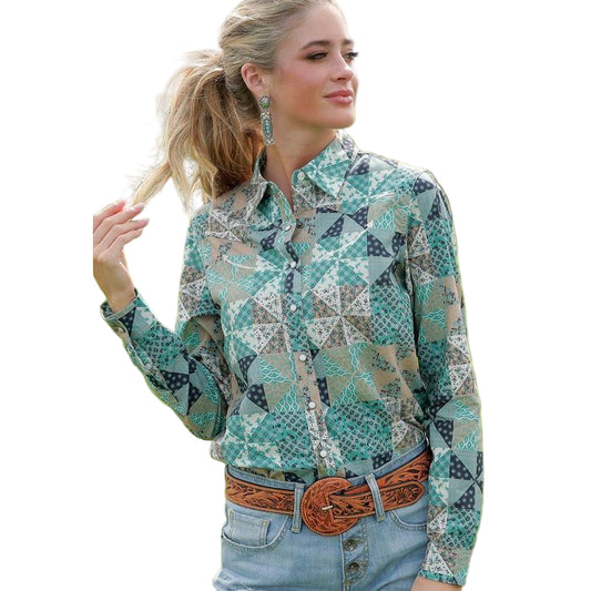 Cinch Women's Long Sleeve Geometric Print Snap Front Shirt- Multi