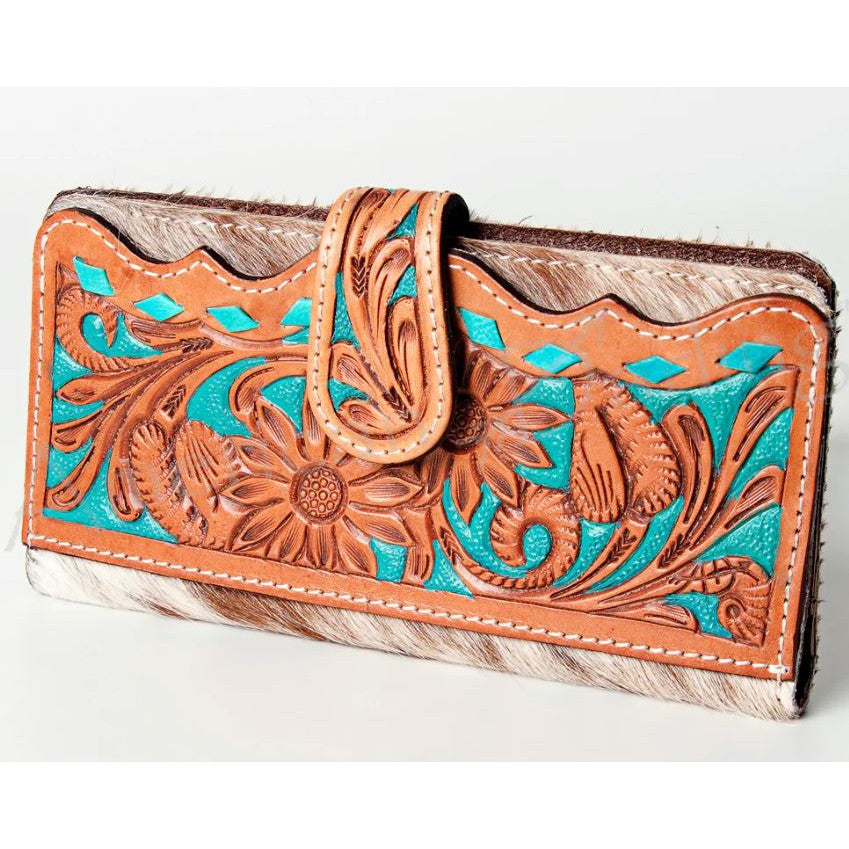 American Darling Women's Hand-Tooled Hair-On Wallet - Tan/Turqoise