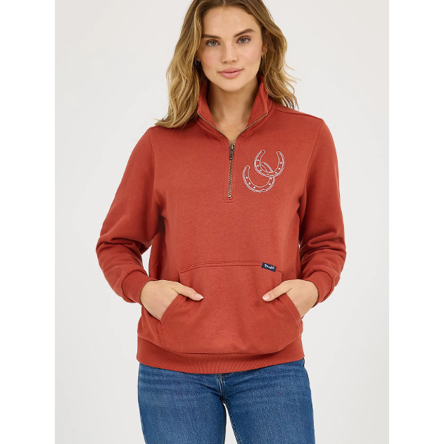 Wrangler Women's Long Sleeve 1/4 zip Sweatshirt- Rust