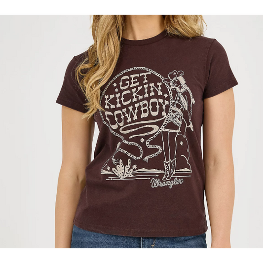 Wrangler Women's Graphic Retro Short Sleeve Tee Shirt- Kickin Brown