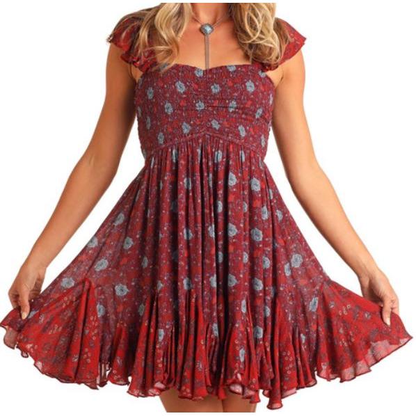 Panhandle Women's Floral Godet Minidress- Burgundy