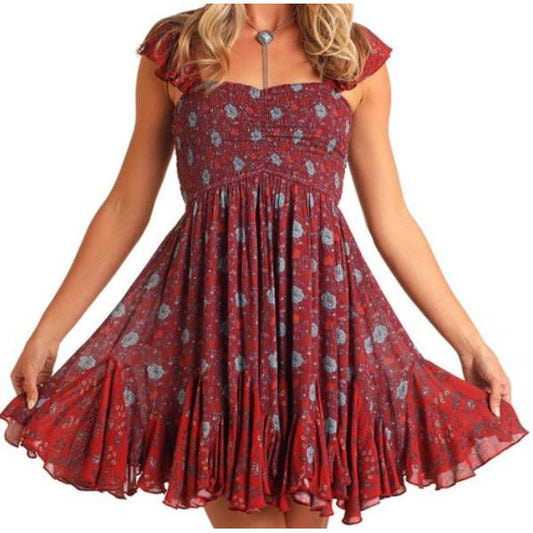 Panhandle Women's Floral Godet Minidress- Burgundy