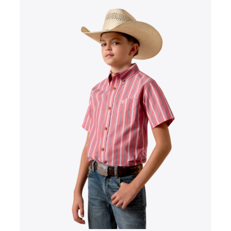 Ariat Boy's Pro Series Bobby Short Sleeve Shirt - Hibiscus Red Stripe