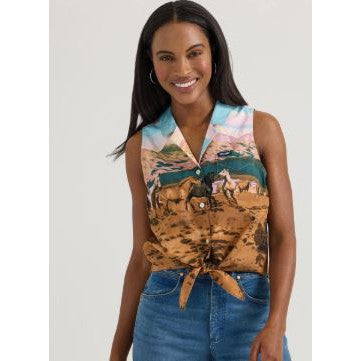 Wrangler Women's Sleeveless Button Tie Scenic Americana Shirt- Blue/Pink/Brown