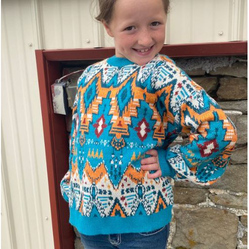 Rock & Roll  Girl's Long Sleeve Blue Aztec Sweater- Blue