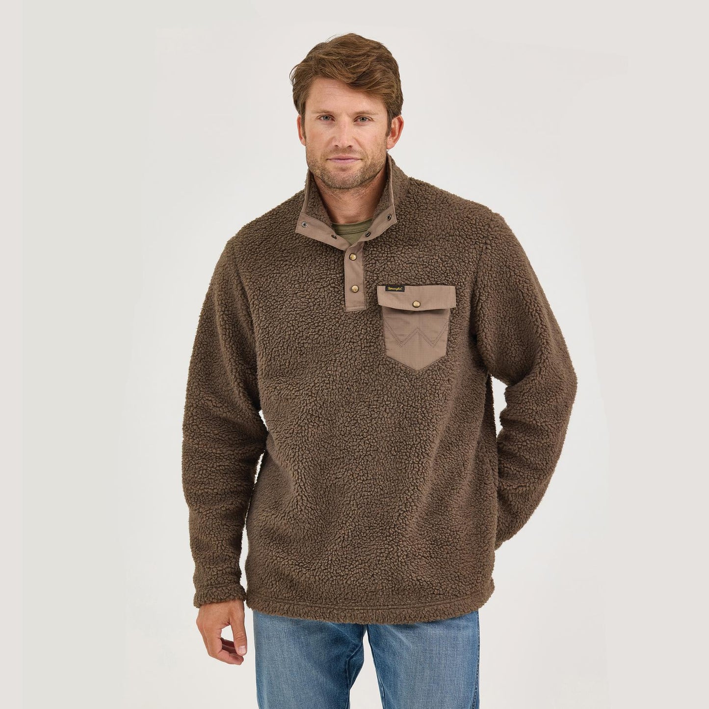 Wrangler Men's Mixed 1/4 Snap Pullover Sherpa- Chocolate Chip