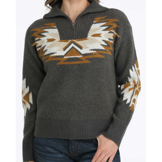 Cinch Women's Long Sleeve Aztec Sweater- Charcoal