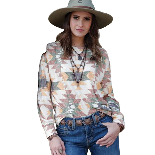 Cinch Women's Aztec Long Sleeve Rib Knit Top- Cream