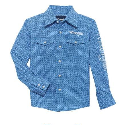 Wrangler Boy's Logo Long Sleeve Shirt- Blue