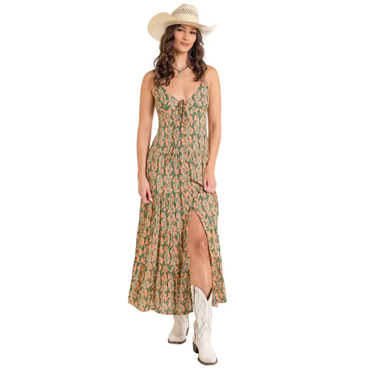 Rock & Roll Women's Cactus Print Maxi Dress- Burnt Orange