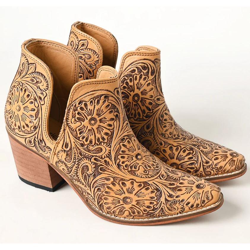 American Darling Slip On Hand Tooled Leather Ankle Boot