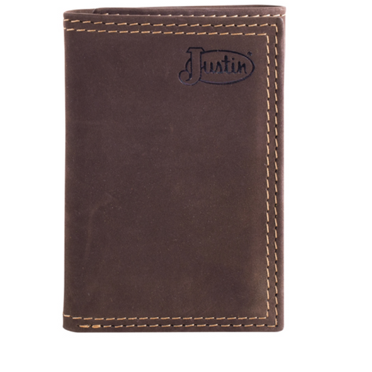 Justin Genuine Leather Trifold Wallet- Dark Brown Nubuck