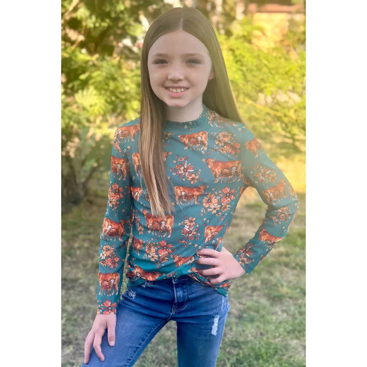 Sterling Kreek Girl's Long Sleeve Home is Where the Pair Is Mesh Shirt- Turquoise
