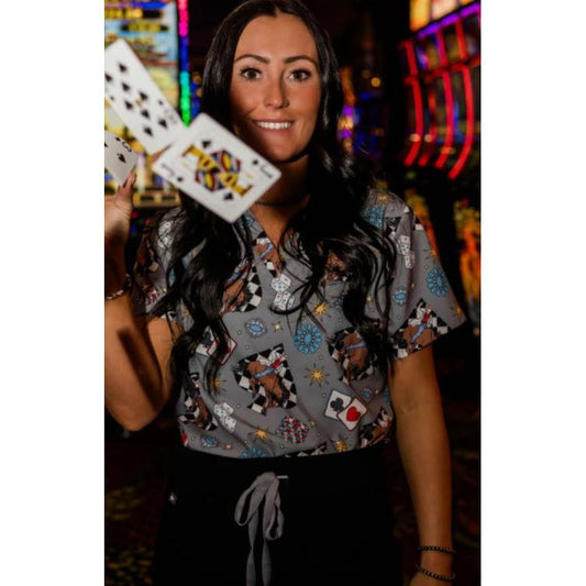 Spurrin' Scrubs Vegas Cowboy Scrub Top - Grey