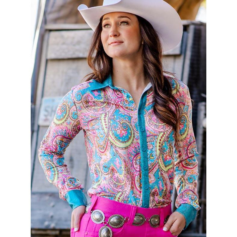 Cowgirl Tuff  Women's Long Sleeve Button Up Western Print Shirt- Pink
