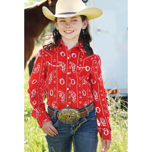 Cinch Girl's Long Sleeve Print Shirt- Red