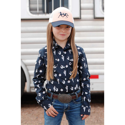 Cinch Girl's Print Snap Button Down Long Sleeve Shirt- Navy