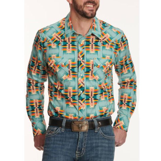 Rock & Roll Men's  Long Sleeve Dale Brisby Sea and Sunset Aztec Western Shirt-Teal