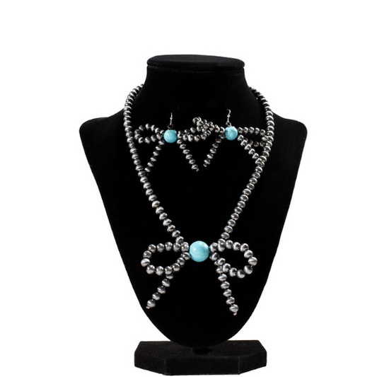 Silver Strike Beaded Bow Necklace and Earring Set- Grey - Irvine Tack & Western Wear