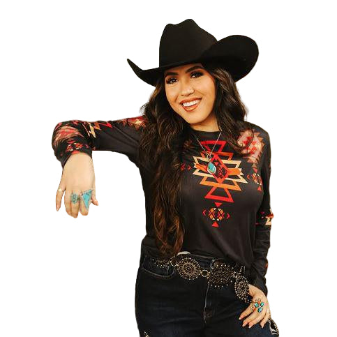 Lucky & Blessed Women's Long Sleeve  Western Aztec Printed Shirt - Black/Turquoise
