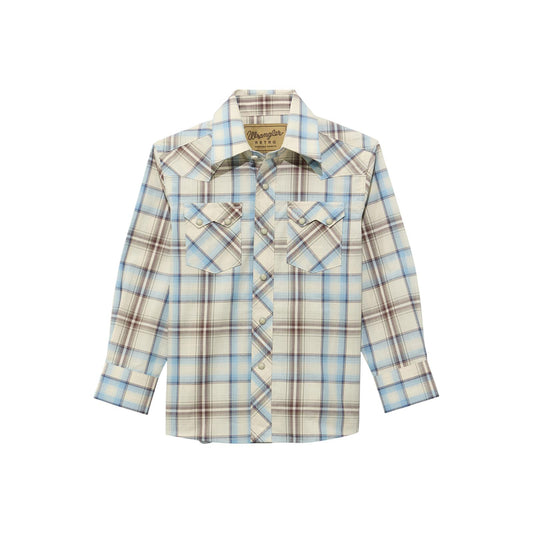 Wrangler Boy's Long Sleeve Retro Shirt - Ecru/Blue/Historic Tan