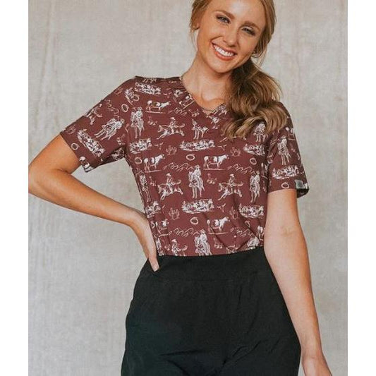 Spurrin' Scrubs Wine Old West Scrub Top- Brown