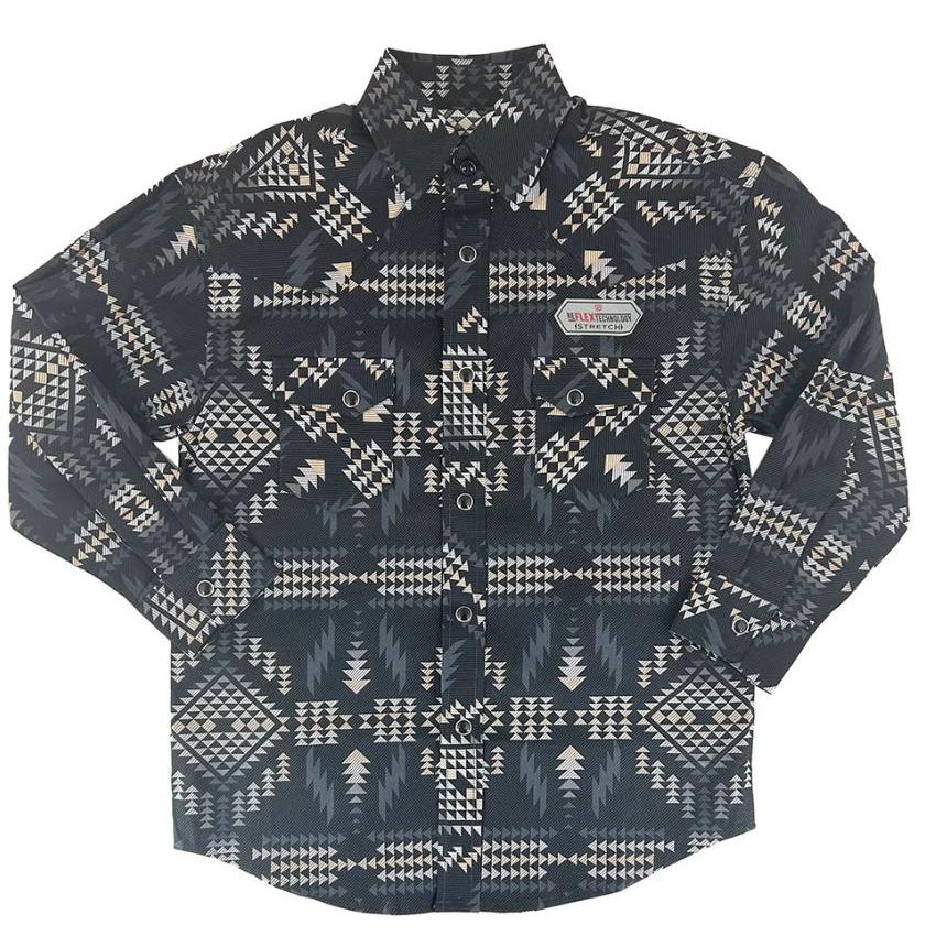 Rock & Roll Boy's Long Sleeve Aztec Print Shirt- Black