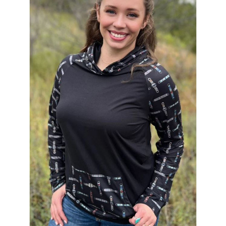 Cinched Up Women's Long Sleeve Tee Shirt Hoodie- Black